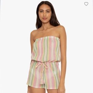 NWT BECCA Size Medium Marbella Stripes Strapless Sheer Short Romper Pink Yellow